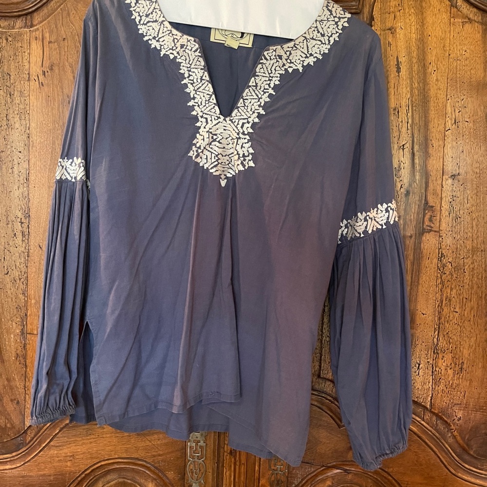 Irving and Fine- Embroidered V-Neck Blouse - Blue
